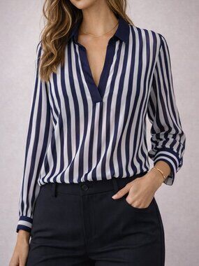 $90 Retail – Joseph Ribkoff Black White Sheer Stripe Blouse Career Chic Top